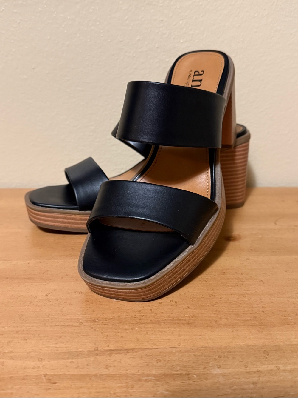 a.n.a Black Double-Band Platform Mule with Stacked Heel